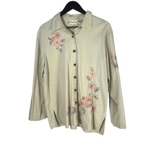 Appleseed's Women's Linen Blend Button Down Shirt Floral Embroidered Beige 14M‎